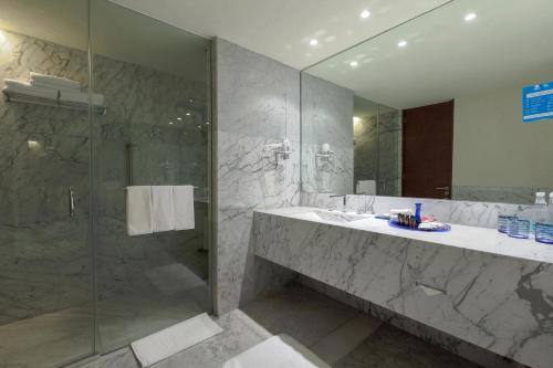 a bathroom with a glass shower and a sink at Camino Real Polanco Mexico in Mexico City