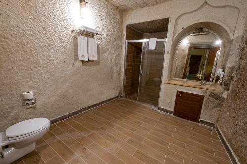 a bathroom with a toilet and a shower and a mirror at Mesken Cave Suites in Nevsehir