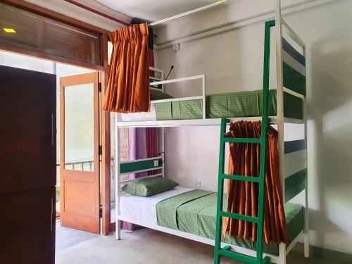 a bedroom with a bunk bed with green bunk ladder at Downtown Hostel Ella in Ella