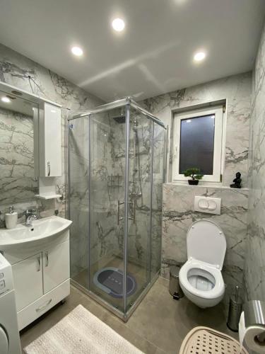 y baño con ducha, aseo y lavamanos. en Apartman NADA, en Slavonski Brod
