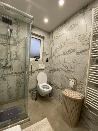 a bathroom with a toilet and a glass shower at Apartman NADA in Slavonski Brod