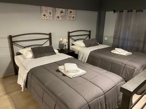 ein Schlafzimmer mit 2 Betten und Handtüchern darauf in der Unterkunft Felicia`s House in Agria