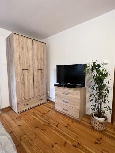 a bedroom with a tv and a wooden cabinet at Karczma Regionalna Młyn -pokoje gościne in Zwierzyniec