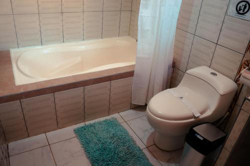 a bathroom with a toilet and a tub and a rug at Intitambo Hotel in Ollantaytambo