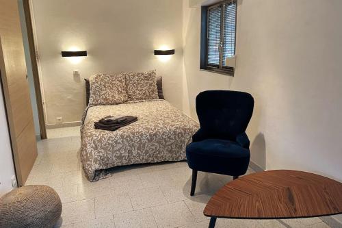 ein Schlafzimmer mit einem Bett, einem Stuhl und einem Tisch in der Unterkunft Studio avec accès indépendant: Le 15 Bis in Violaines