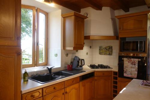 uma cozinha com armários de madeira, um lavatório e uma janela em Gîte des Bruns en chartreuse em Entremont-le-Vieux