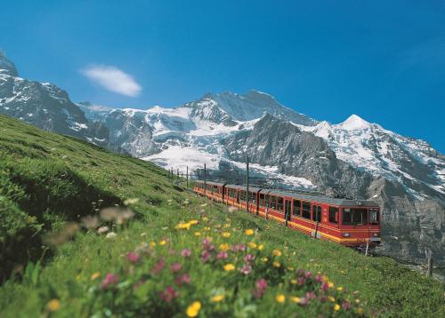 a red train is traveling through a mountain range at Chalet-Gafri - BnB - Frühstückspension und Gastfreundschaft in Wilderswil