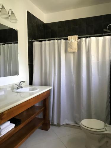 a bathroom with a shower curtain and a toilet at Sommerville Resorts in Negril