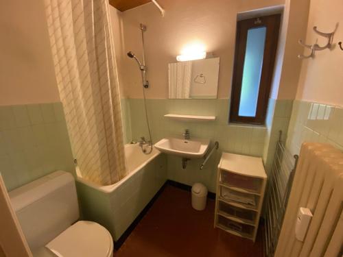 une salle de bain avec un lavabo, des toilettes et une baignoire dans l'établissement Appartement au centre de La Clusaz avec balcon, ascenseur et casier à skis - FR-1-459-197, à La Clusaz