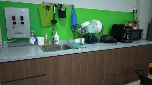 eine Küchentheke mit einer Spüle und einer grünen Wand in der Unterkunft Haising Hotel in Singapur