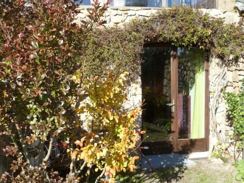 Una puerta en un edificio de piedra con plantas a su alrededor. en La Verdine, en Vérin