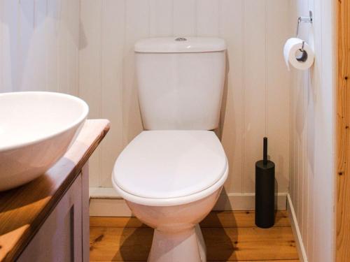a bathroom with a white toilet and a sink at Little Willows in Potterne