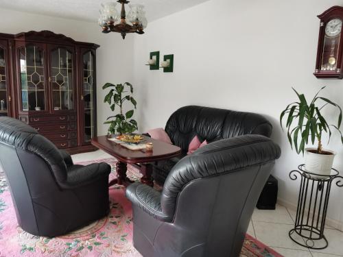 a living room with two leather chairs and a table at Ferienhaus Frank in Potzlow