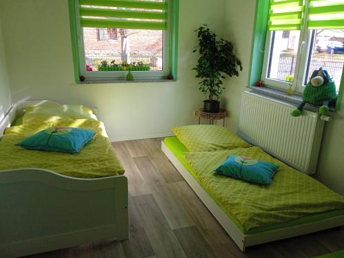 two beds in a room with two windows at Ferienwohnung Apfeltraum in Thale