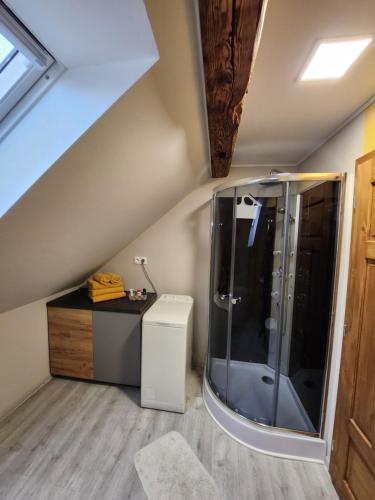 a bathroom with a shower in the attic at Apartmán č2 - 450 m od centra Bojníc in Bojnice