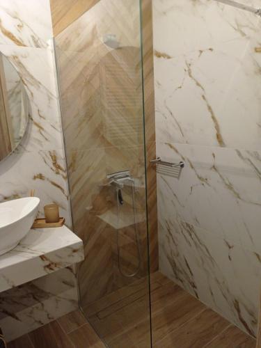 a shower with a glass door in a bathroom at The family's house Trikala in Tríkala