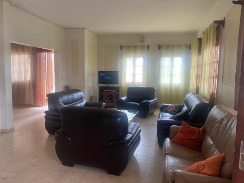 uma sala de estar com sofás e cadeiras e uma televisão em MANOIR DES PRINCESSES BAFOUSSAM em Bafoussam