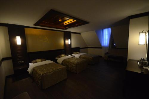 a hotel room with three beds and a screen at White Park Hotel in Sarıkamıs