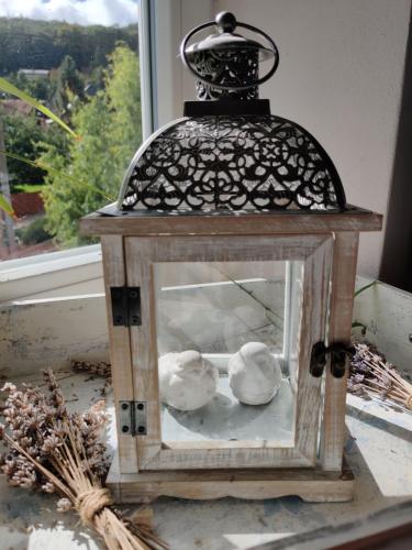 uma lanterna com dois pássaros dentro dela em Dům na návsi em Teplice