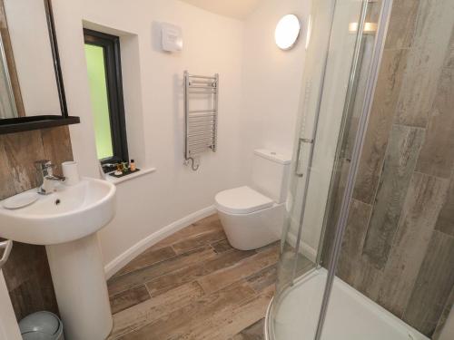 a bathroom with a toilet and a sink and a shower at Moss Bank, Jacobs Wood in Keighley