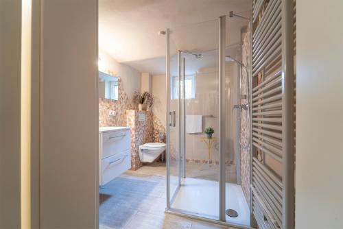 a bathroom with a shower and a toilet at Haus Sonnenberg in Timmendorfer Strand