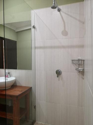 a bathroom with a shower and a sink at Crimson Bush Lodge in Klipdrift