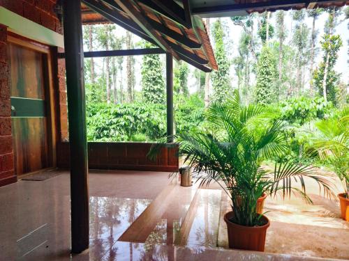 a room with potted plants on the floor of a building at Coorg Bliss Estate Stay in Madikeri