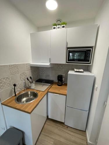 a small kitchen with a sink and a refrigerator at L'encre - T2 4 Personnes - Port 2' Plage10' in La Seyne-sur-Mer