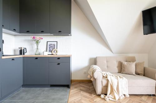 a living room with a couch and a kitchen at Jedla Apartments in Dzianisz