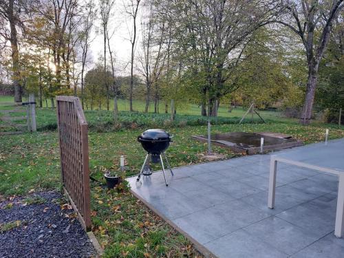a grill sitting on a patio in a park at Le Reposoir Maison spacieuse avec feu au bois in Bertogne