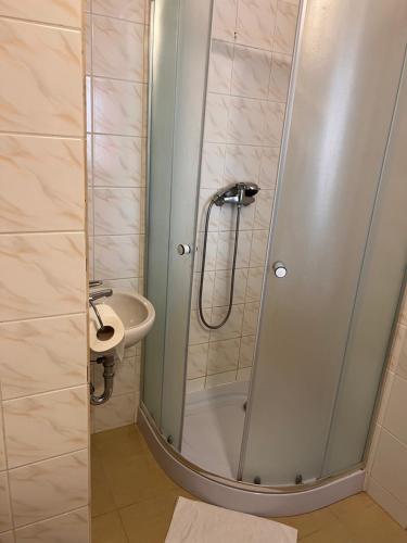 a bathroom with a shower and a sink at Hotel Labe in Litoměřice