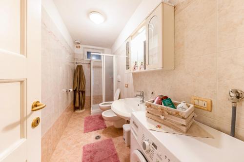 a bathroom with a sink toilet and a shower at Ciasa Tach in Pozza di Fassa