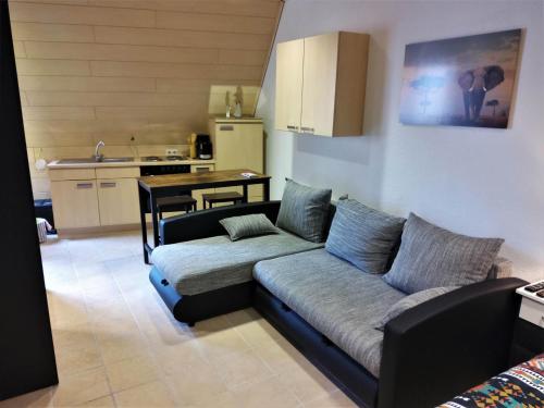 a living room with a couch and a kitchen at Tante Emma Kapstadt in Paderborn