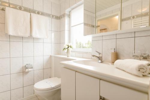 トゥルグ・ムレシュにあるVilla Helvetiaの白いバスルーム(洗面台、トイレ付)