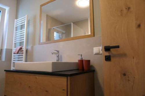 ペルカにあるBioTop Appartement Kronplatzの洗面台と鏡のあるバスルーム