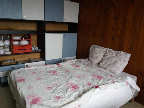 ein Schlafzimmer mit einem Bett mit rosa Blumen drauf in der Unterkunft studio aux pieds des pistes in Besse-et-Saint-Anastaise
