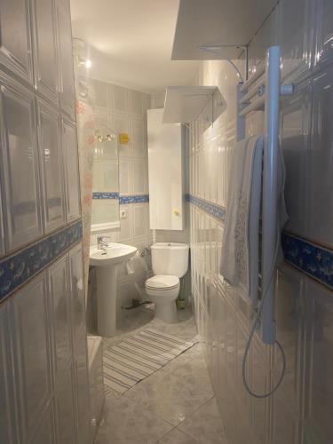 a bathroom with a toilet and a sink at Lovely studio con balconcitos in Madrid