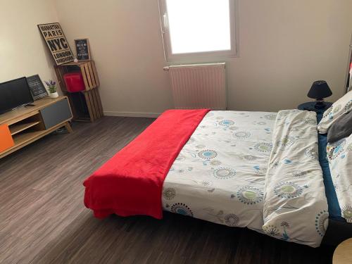 阿納日的住宿－Maison cosy Arnage，一间卧室配有一张带红色毯子的床