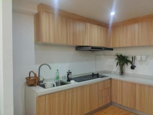 a kitchen with wooden cabinets and a sink at Chaoyang Joy City Hardcover Apartment in Beijing