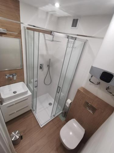 a bathroom with a shower and a toilet and a sink at Apartament Manhattan in Kłodzko