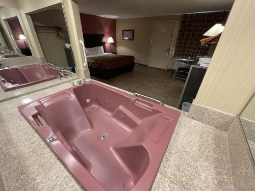 a pink bath tub in a hotel room at Economy Inn in East Hartford