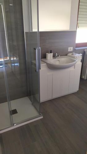 La salle de bains est pourvue d'un lavabo et d'une douche en verre. dans l'établissement B&B Walter & Chiara, à Altamura
