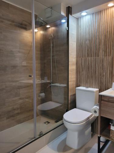 a bathroom with a toilet and a shower at Playa Paraíso Resort in Concón