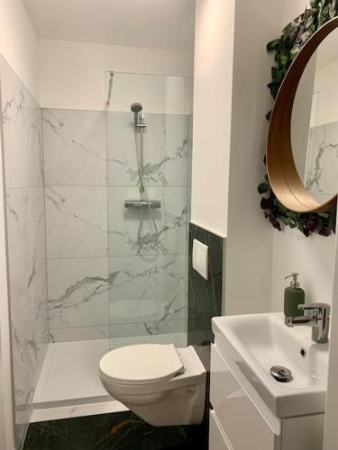 a bathroom with a shower and a toilet and a sink at Sicomoro Casa in Sopron