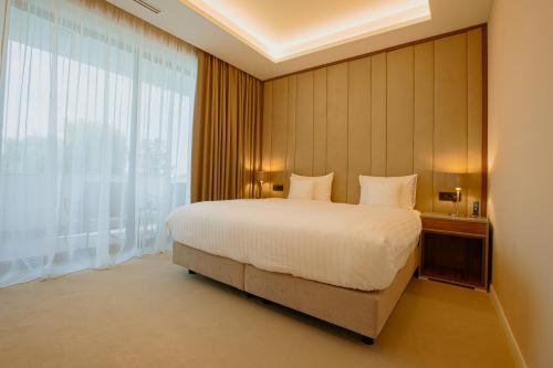 a bedroom with a large bed and a large window at Hotel Stein Collection in Timişoara