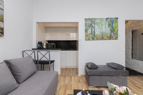 格地尼亞的住宿－Batorego Studio Apartment Downtown Gdynia by Renters，带沙发的客厅和厨房