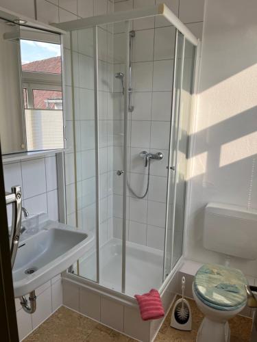 a bathroom with a shower and a sink and a toilet at Restaurant- Hotel- Biergarten Haduloha in Otterndorf