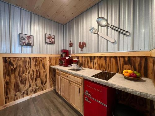 普林斯頓的住宿－Brushcreek Falls RV Resort，厨房配有木制橱柜和带一碗水果的柜台。