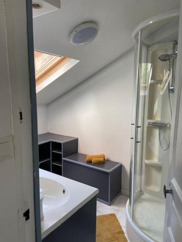 une salle de bain avec une douche en verre et un lavabo dans l'établissement La Villa Lena, à Saint-Michel-en-Grève