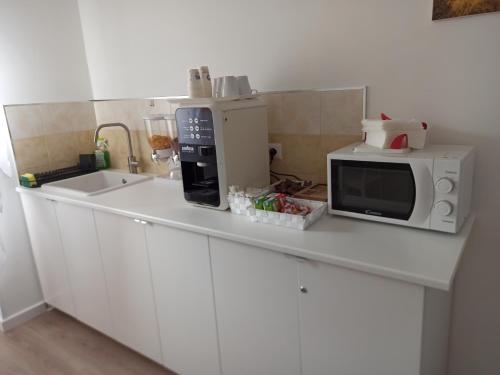 a kitchen counter with a microwave and a sink at A Due Passi in Grassano